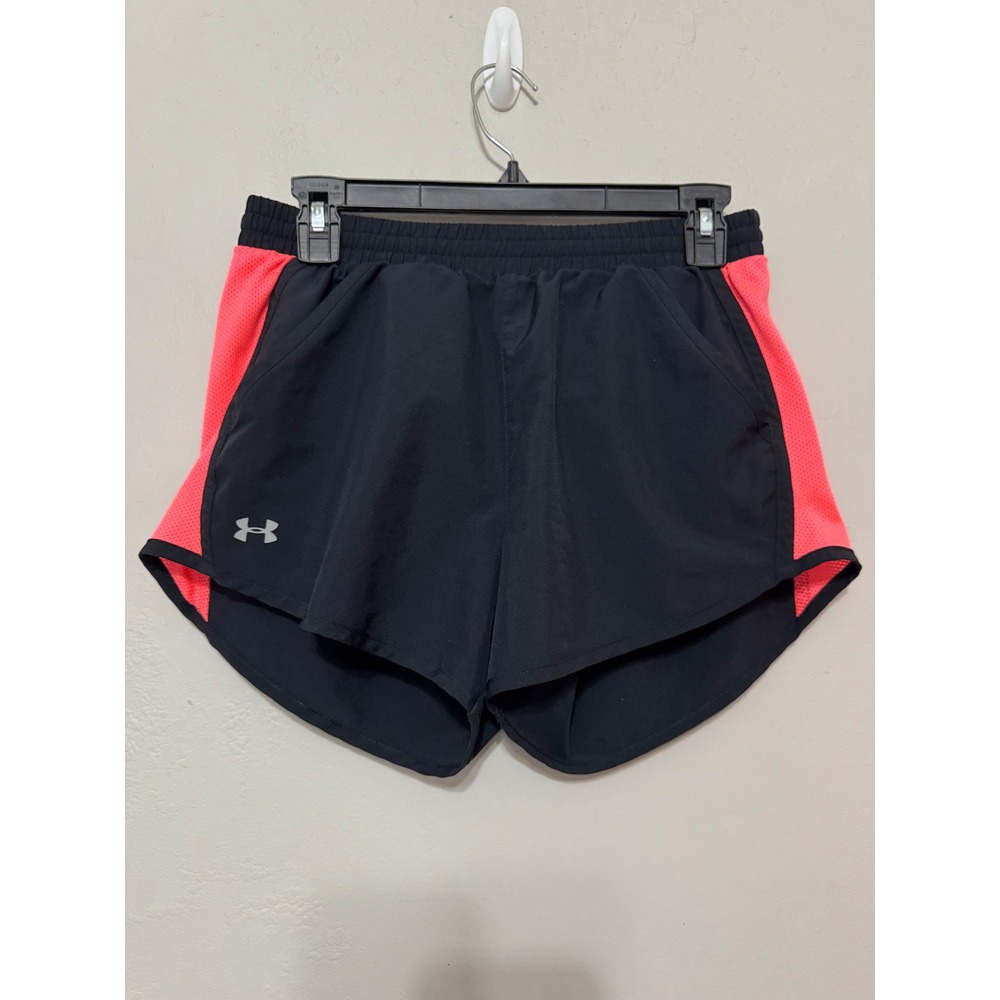 Under Armour HeatGear Womens Running Shorts Black Neon Pink Mesh Small Pocket